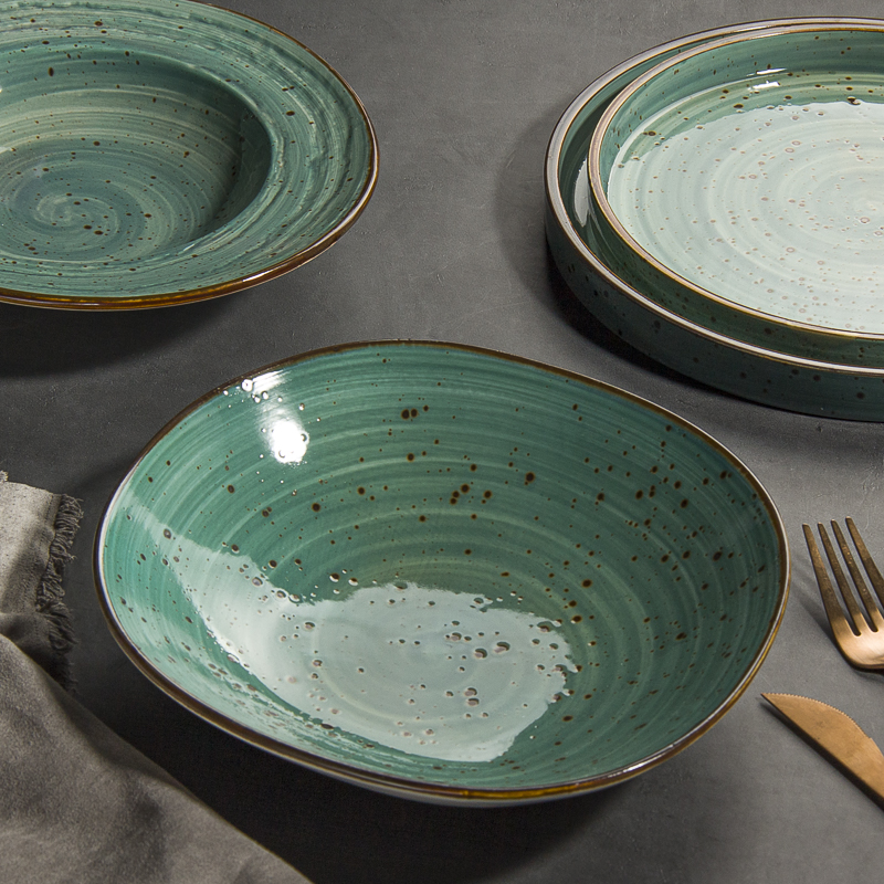 BURA SERIES-GREEN COLOR (4) Hand-Painted Ceramic Dinnerware Sets Vintage Style Rustic Speckle Porcelain Dish Set Crockery Dark Green Color